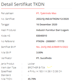 locker 4 pintu brother 
sertifikat tkdn b704